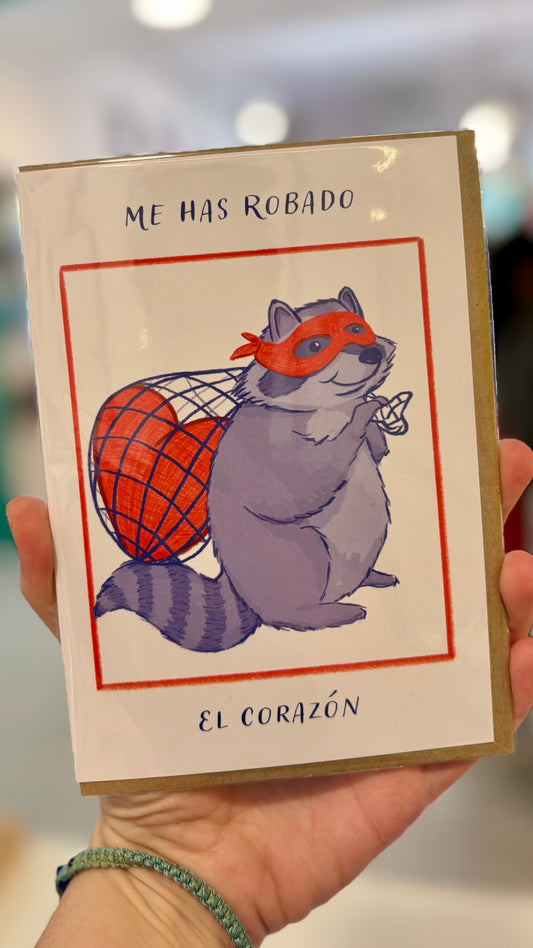 Tarjeta “Me has robado el corazón” – mapache ilustrado