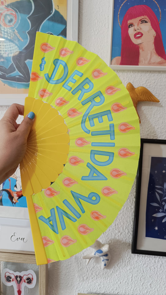 Abanico Ilustrado "Derretida Viva" – Amarillo y Celeste