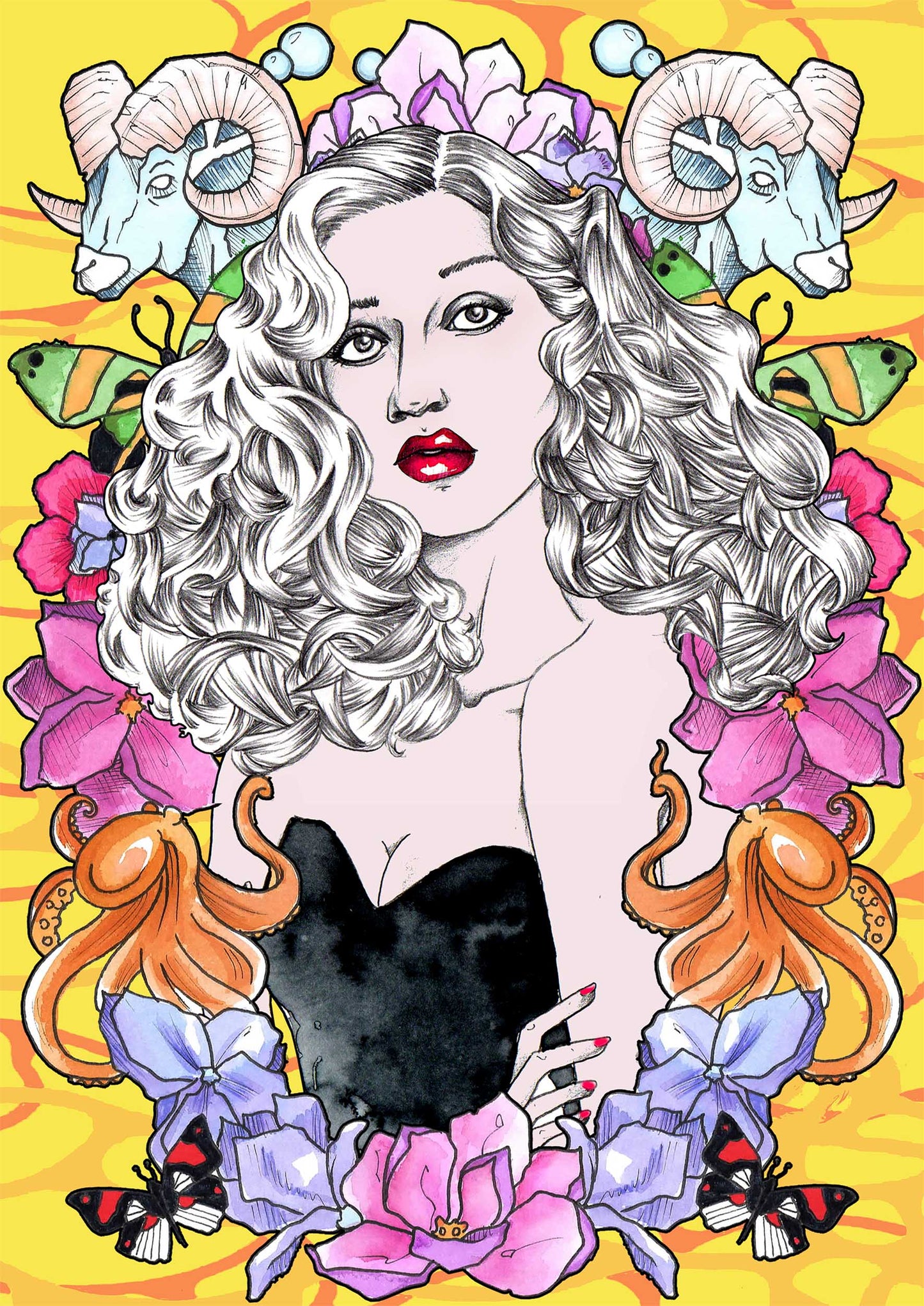 Lámina “Mujer negra marco floreado” A5
