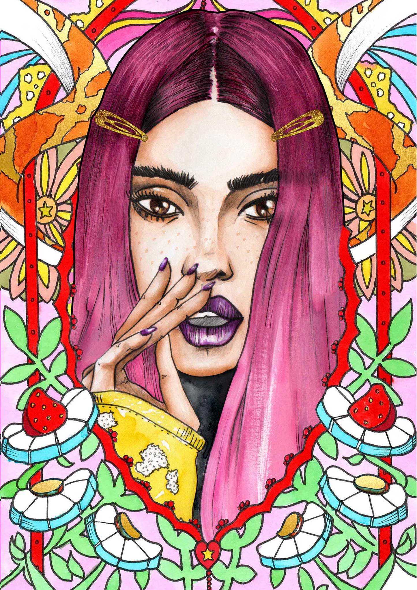 Lámina “Mujer pelo rosa marco flores y animales” A5
