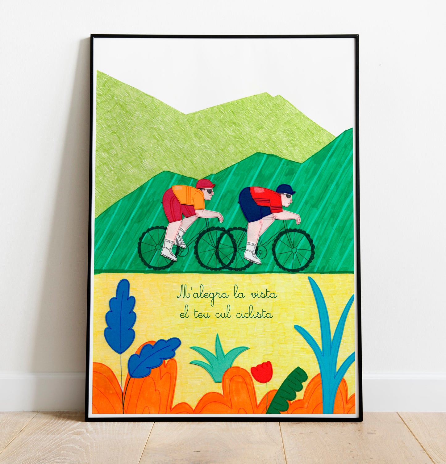 Ilustración A4 impresa en papel texturado de alta calidad. Escena ciclista vibrante y dinámica creada por artista local. Ideal para amantes del deporte y decoración de pared.