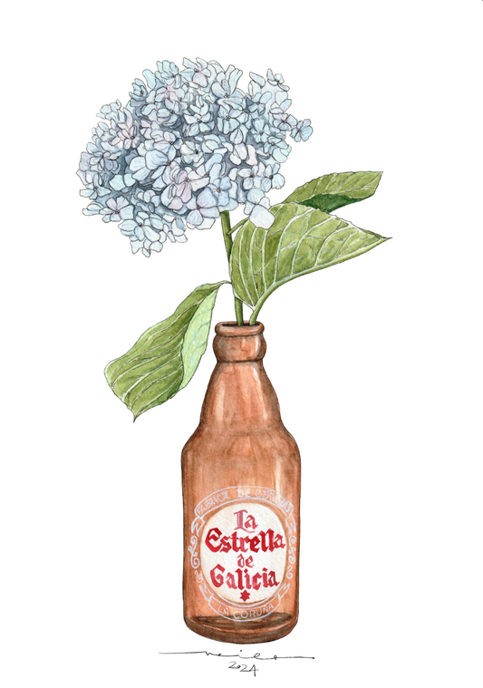 Lámina Estrella Galicia y hortensias - Botellines y Flores
