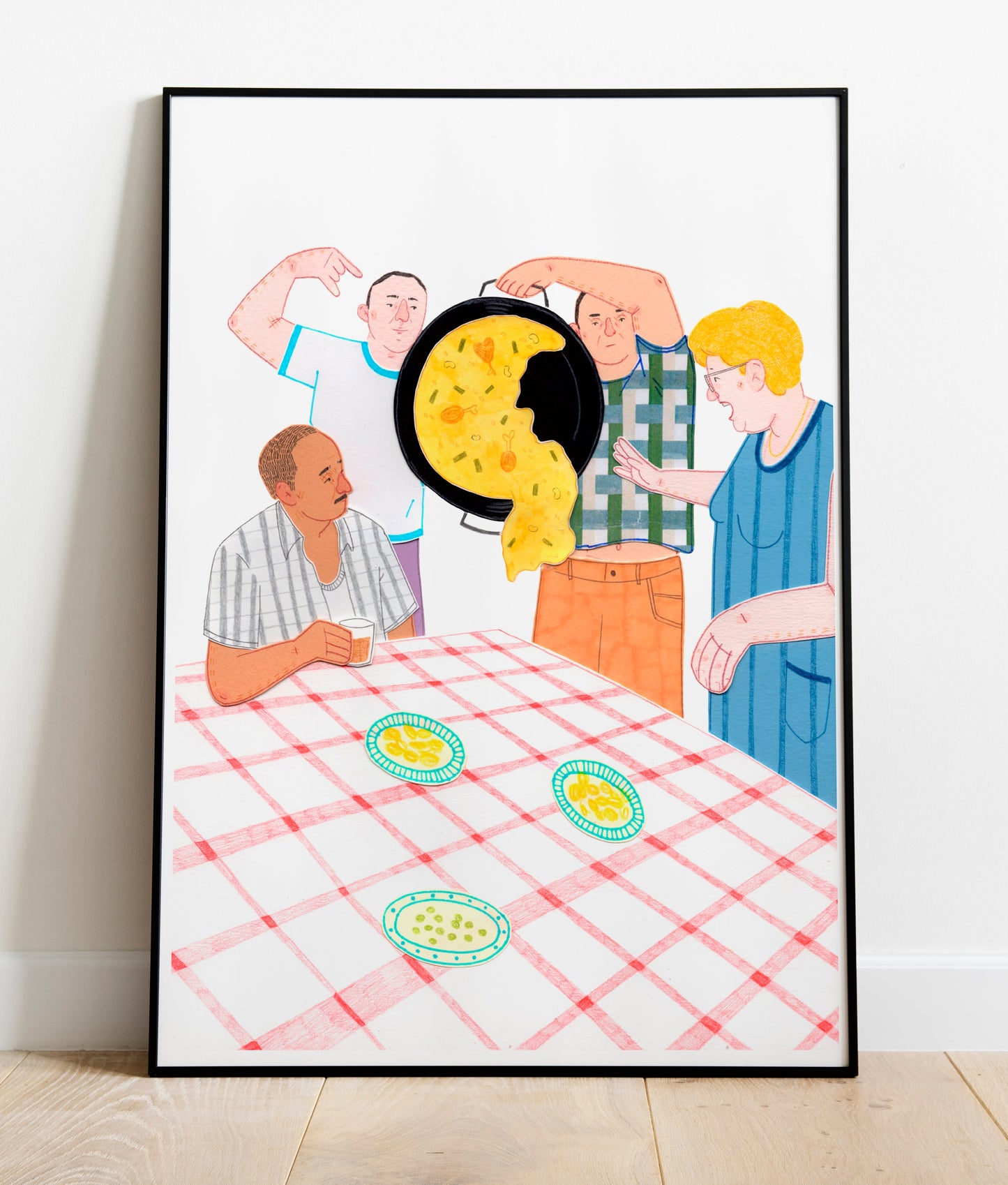 Ilustración A4 en papel texturado de alta calidad. Representación artística de una paella, obra de artista local. Perfecta como decoración de cocina y regalo mediterráneo.