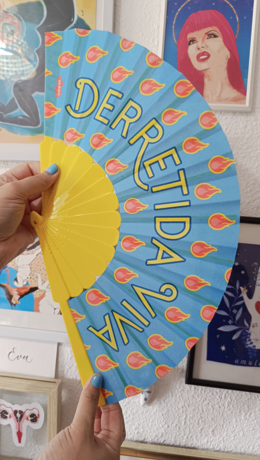 Abanico Ilustrado "Derretida Viva" – Celeste y Amarillo