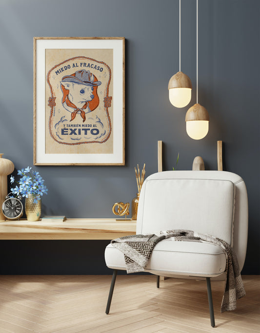 Ilustración A4 impresa sobre papel texturado de 320 g/m². Obra de artista local de un chihuahua con sombrero de vaquero en tonos cálidos y estética western vintage. Perfecta como regalo original para amantes del humor y decoración de pared divertida.
