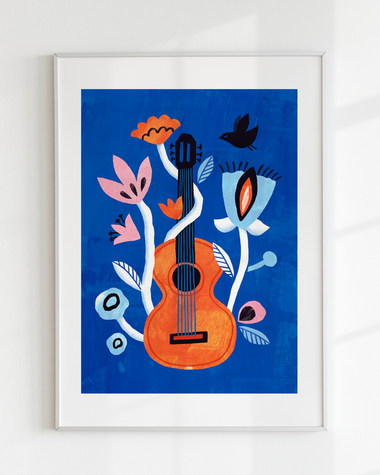 Póster 40x50 cm impreso sobre papel de alta calidad. Obra de artista local con diseño musical y vibrante. Decoración de pared ideal para amantes de la música.