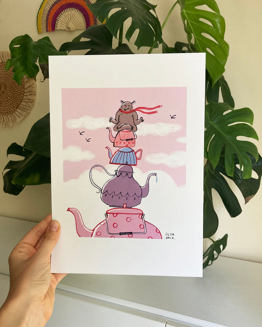 Ilustración impresa sobre papel texturado de alta calidad. Obra de artista local con diseño minimalista y armónico. Perfecta como regalo original y decoración de pared.