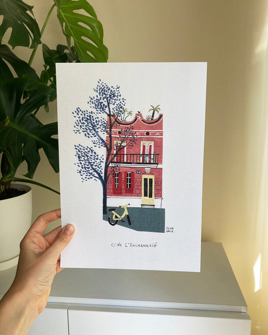 Ilustración impresa sobre papel texturado de alta calidad. Obra de artista local inspirada en un rincón de Barcelona. Regalo original y decoración de pared con encanto local.