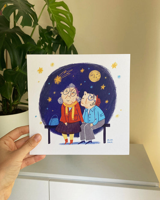Ilustración impresa sobre papel texturado de alta calidad. Obra de artista local que representa una pareja con estilo único. Decoración romántica y regalo original.