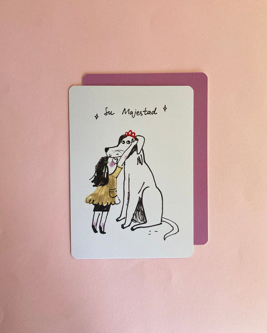 Tarjeta ilustrada impresa en papel de alta calidad. Diseño divertido y elegante con aire real. Perfecta como regalo original y detalle especial. Obra de artista local.
