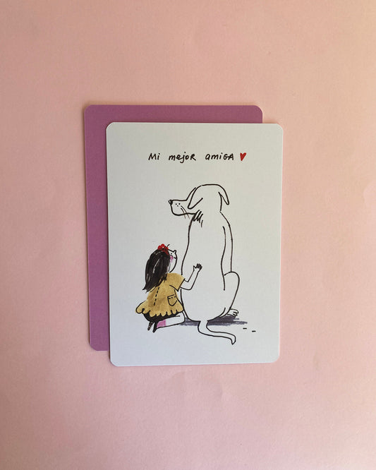 Tarjeta ilustrada impresa en papel de alta calidad. Homenaje tierno y divertido a la amistad. Regalo perfecto y original para tu mejor amiga. Obra de artista local.