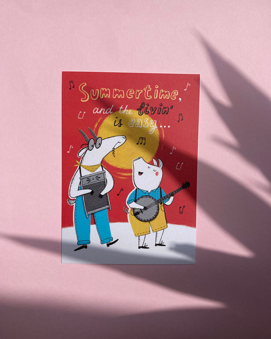 Tarjeta ilustrada impresa en papel de alta calidad. Diseño veraniego con colores brillantes y espíritu alegre. Ideal como regalo original. Obra de artista local.