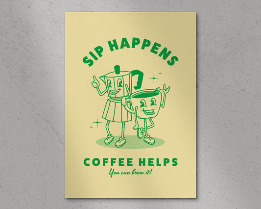 Lámina Retro Coffee Green A4 – Diseño retro verde con temática de café. impresión artística en papel de calidad