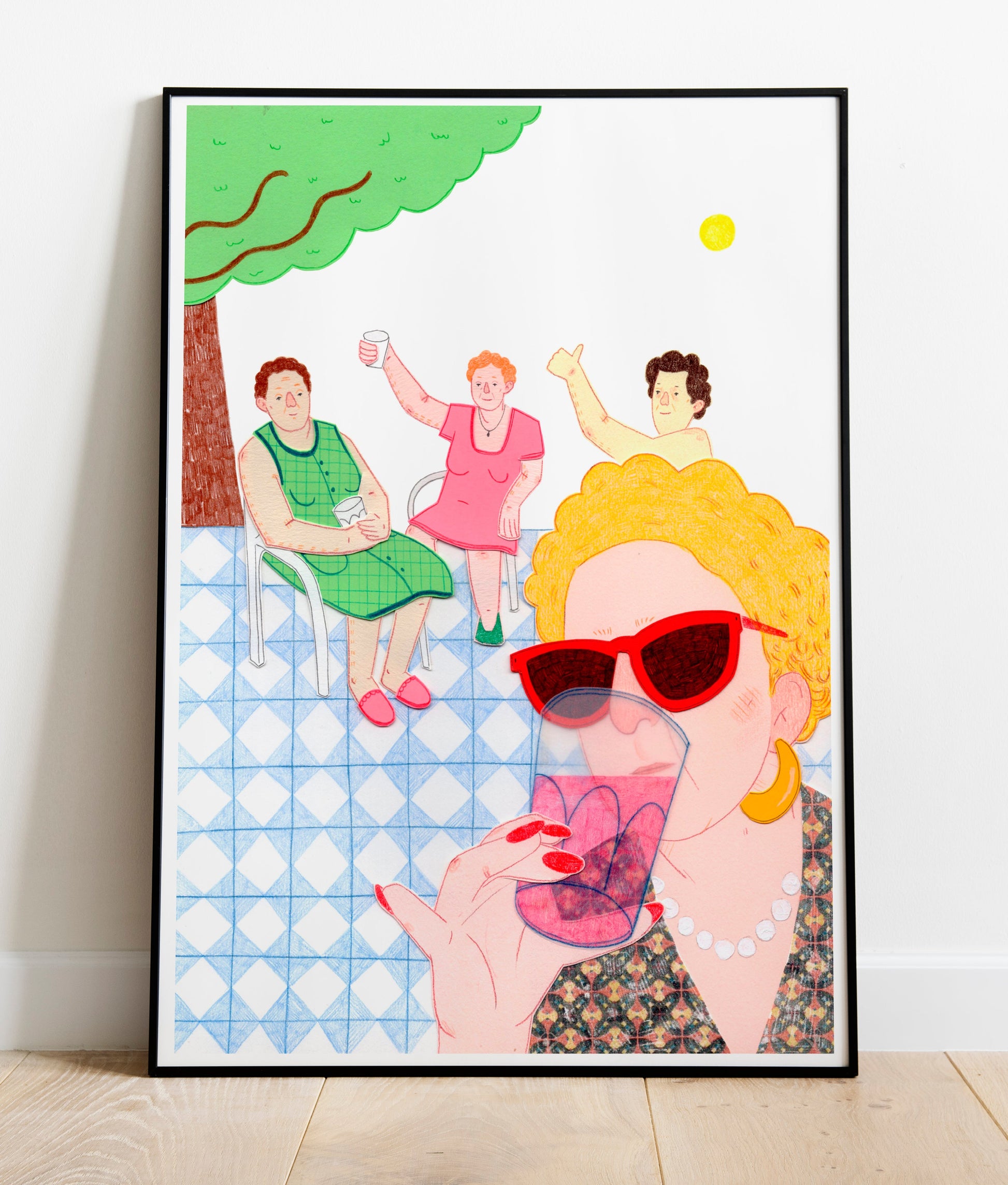 Ilustración A4 impresa sobre papel texturado. Homenaje artístico a las abuelas, con ternura y humor. Obra de artista local para regalo original y decoración entrañable.