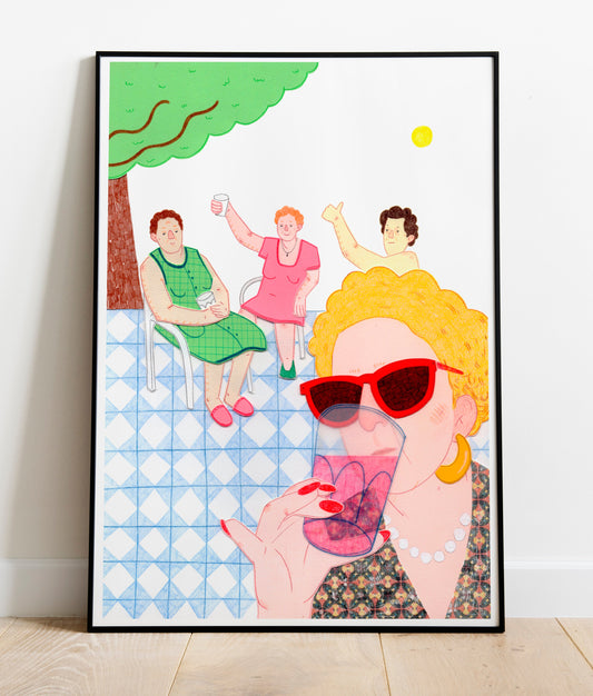 Ilustración A4 impresa sobre papel texturado. Homenaje artístico a las abuelas, con ternura y humor. Obra de artista local para regalo original y decoración entrañable.