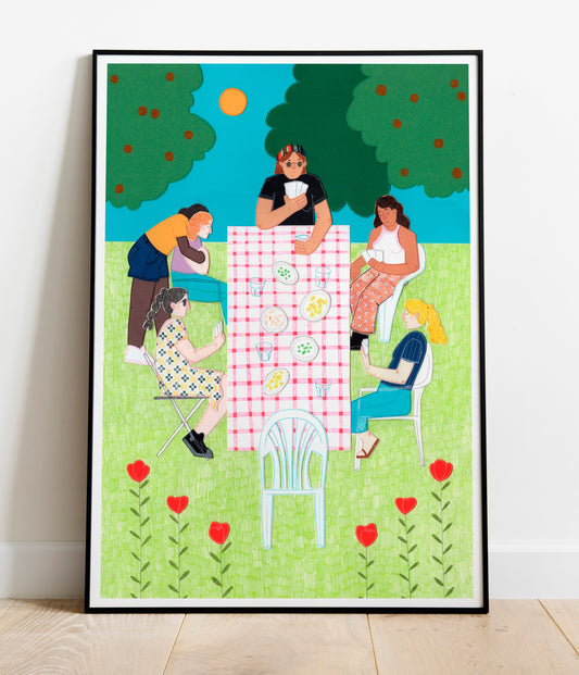 Ilustración A4 en papel texturado de alta calidad. Escena alegre de picnic creada por artista local. Ideal como regalo original y decoración de pared con aire veraniego.