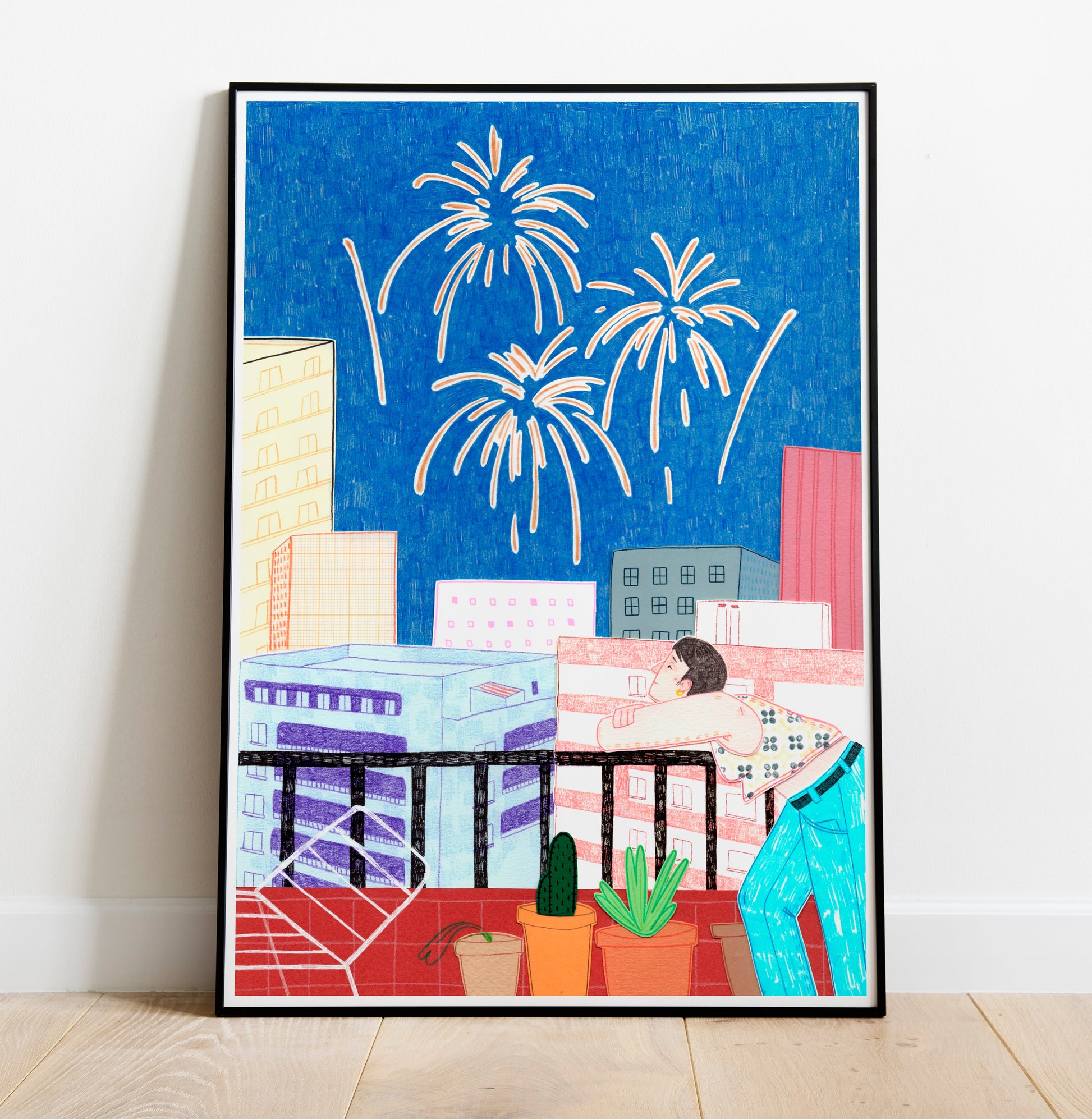 Ilustración A4 en papel texturado de alta calidad. Obra de artista local inspirada en la fiesta y la pólvora. Perfecta como decoración vibrante y regalo original.