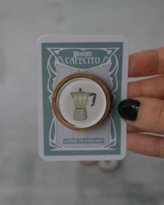 Broche Cafetera – Madera y Cristal