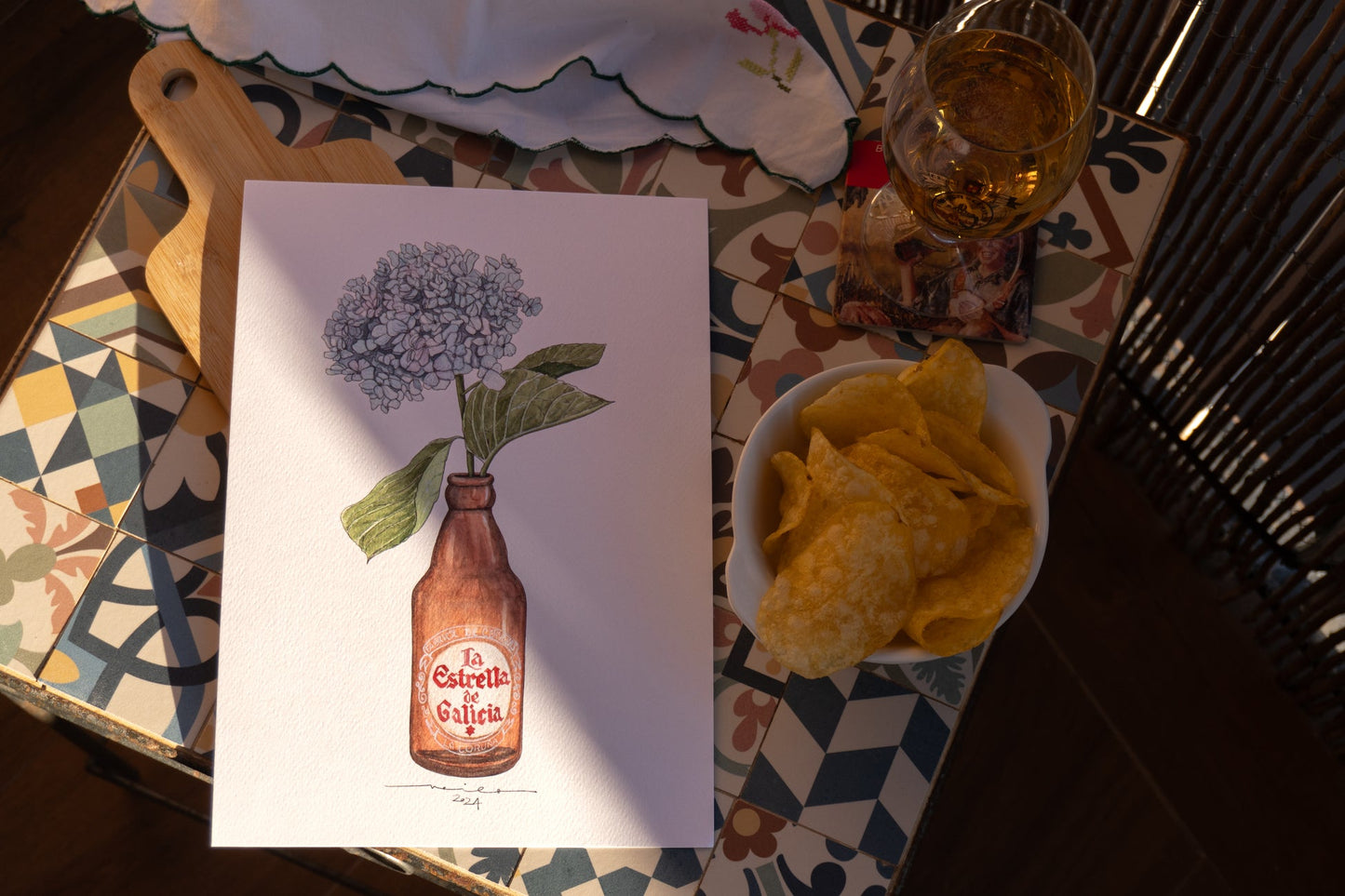 Lámina Estrella Galicia y hortensias - Botellines y Flores