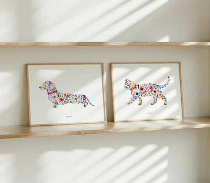 Lámina Ilustrada: Perro Salchicha con Flores