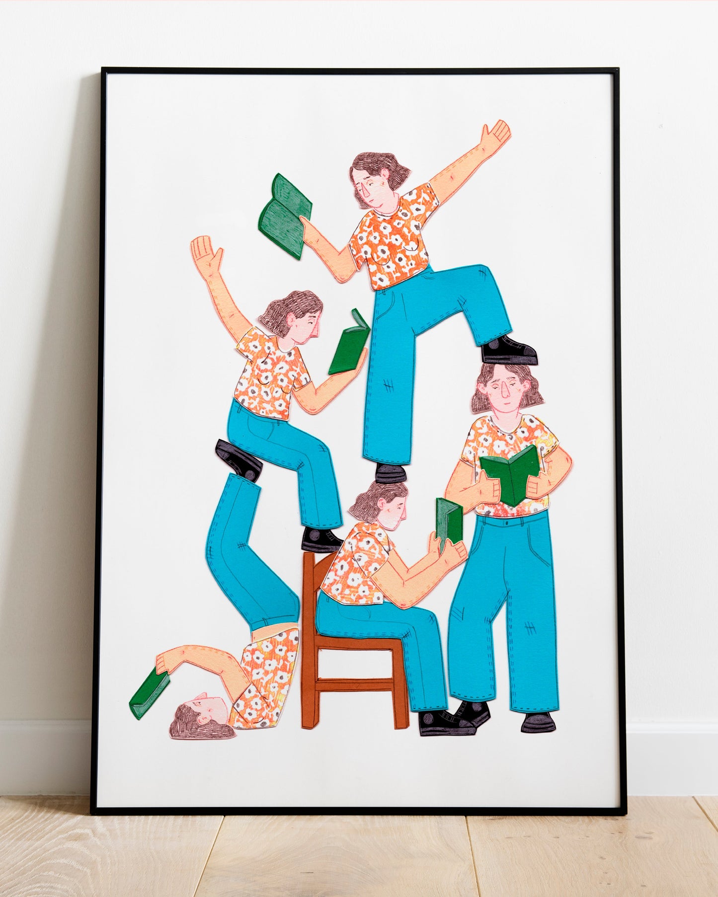 Ilustración A4 en papel texturado de alta calidad. Escena dedicada a los libros y la lectura, obra de artista local. Ideal como regalo para lectores y decoración de pared cultural.