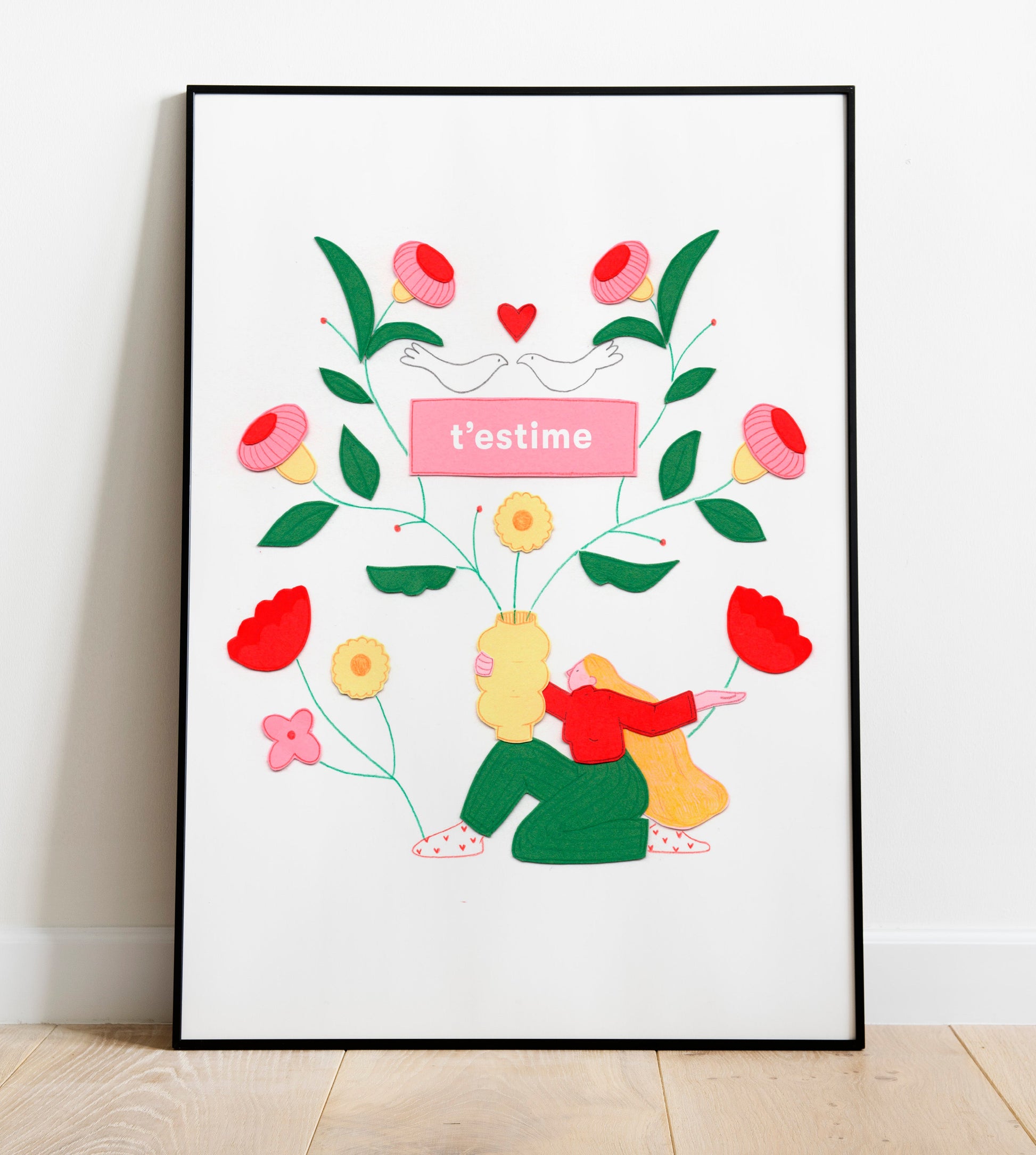 Ilustración A4 en papel texturado de alta calidad. Obra de artista local con mensaje de amor en valenciano. Regalo romántico y decoración de pared afectuosa.