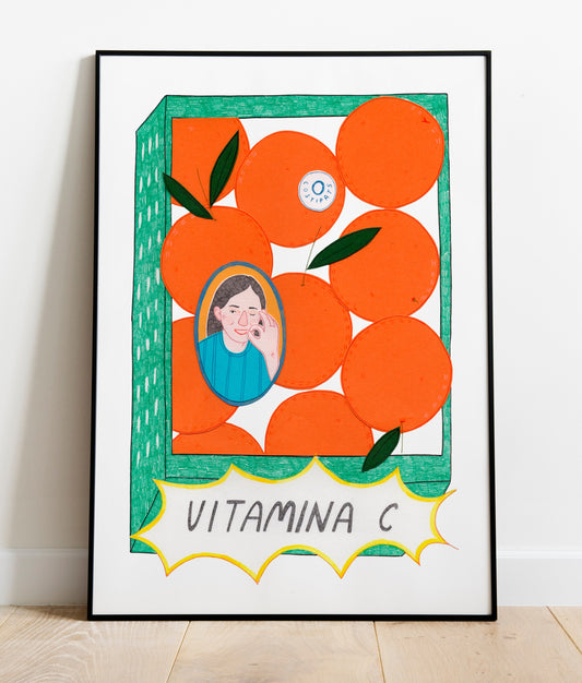 Ilustración A4 en papel texturado de alta calidad. Diseño colorido y fresco con cítricos, obra de artista local. Regalo original y decoración alegre para el hogar.