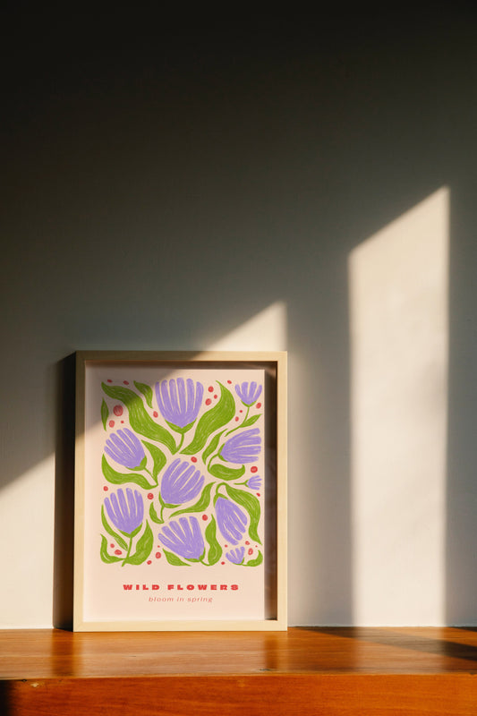 Lámina Wild Flowers Purple A4 – Lámina de flores silvestres moradas en papel artístico. decoración botánica